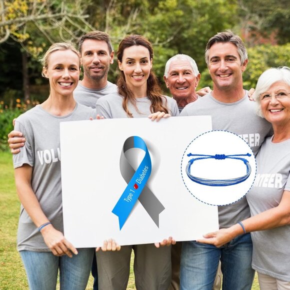 100 Pcs Blue-Grey Diabetes Awareness Bracelets Adjustable Soft Wax Rope Unisex - Picture 5 of 6